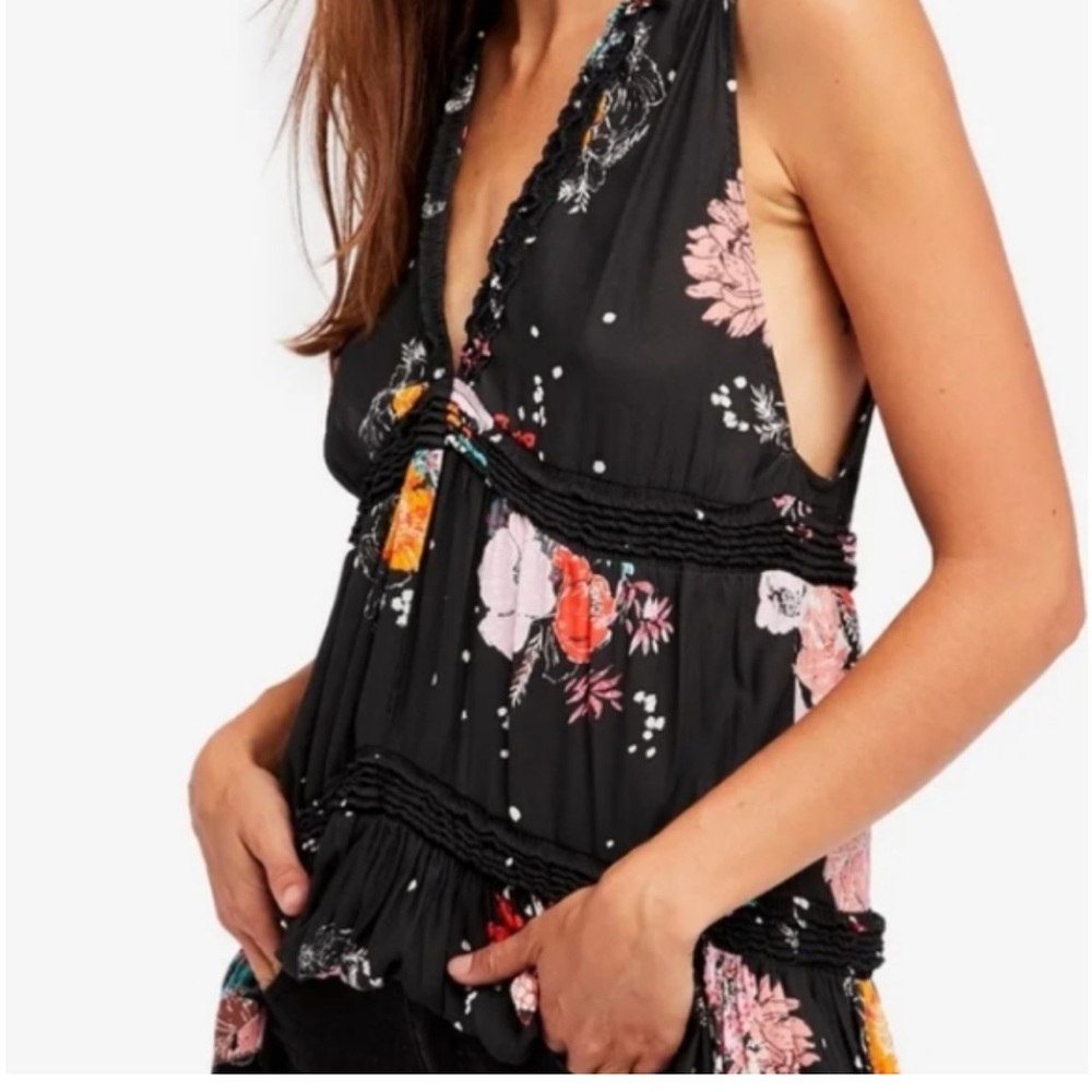 Free People Purple Haze Printed V-neck Tunic Tiered Floral Top, Size XS